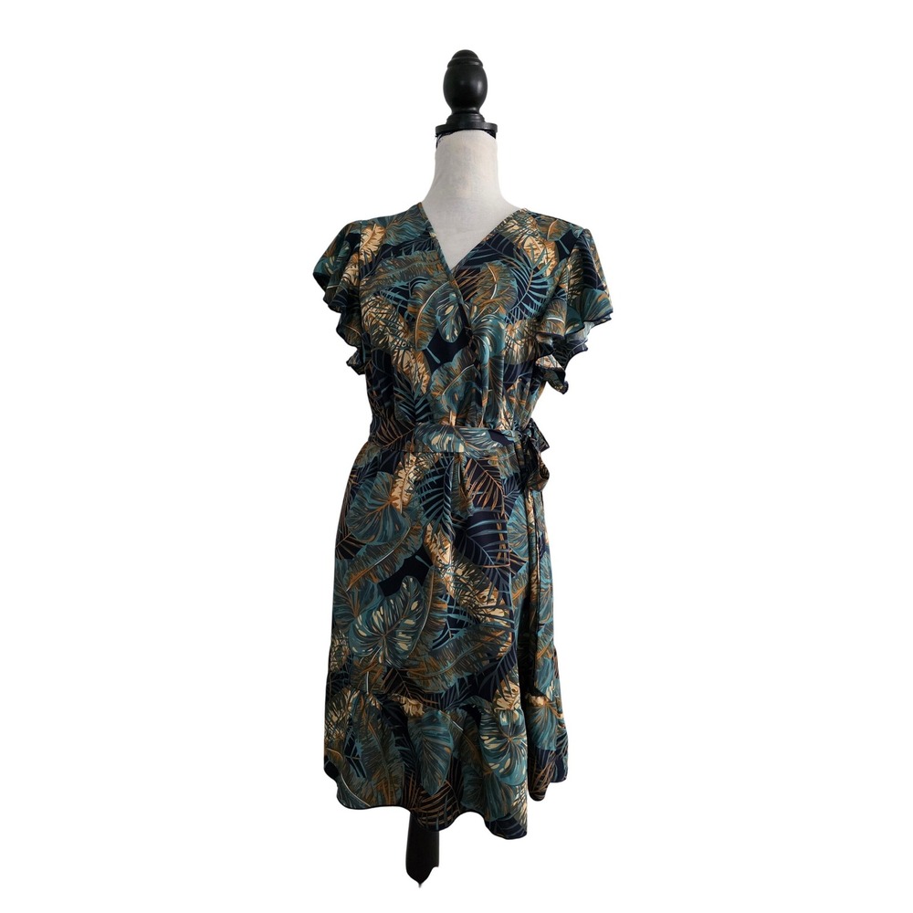 Tropical Leaf Print Ruffle Sleeve Wrap Dress Teal Gold V-Neck Knee Length 0442